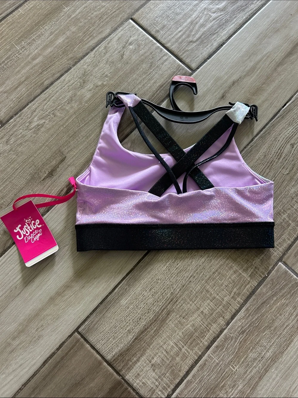 Justice Iridescent White and Lavender Dance Sports Bra with Black Band